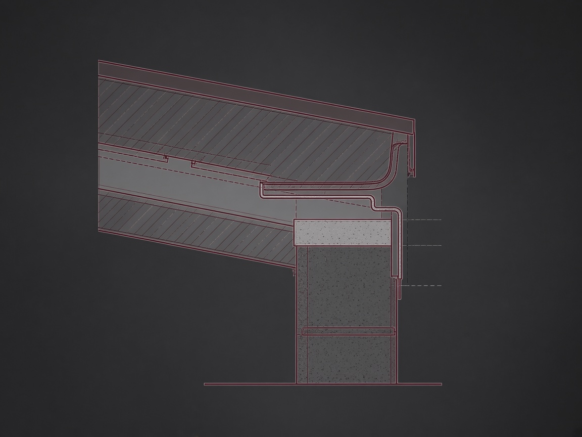 Technical illustration of roof flashing and eave detail